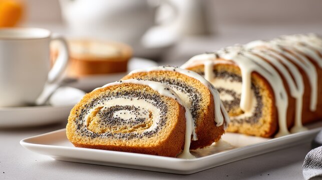 Delicious poppy seed roll cake with cream filling and glaze