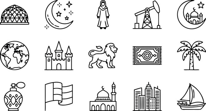 Middle Eastern Culture and Heritage Line Icon Set Featuring Mosque Crescent Moon Camel Palm Tree And Oil Industry Symbols