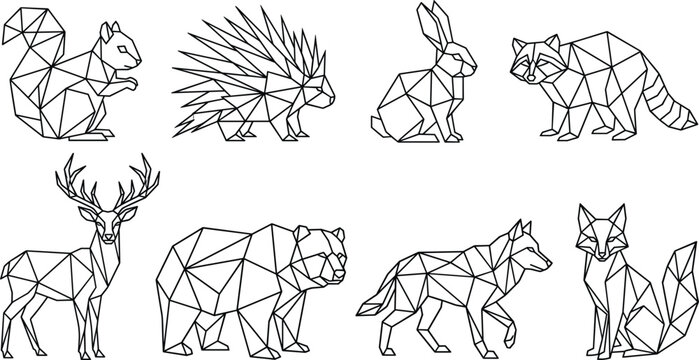 Low poly wild animals collection with deer bear wolf fox raccoon rabbit porcupine and squirrel geometric vector illustration set