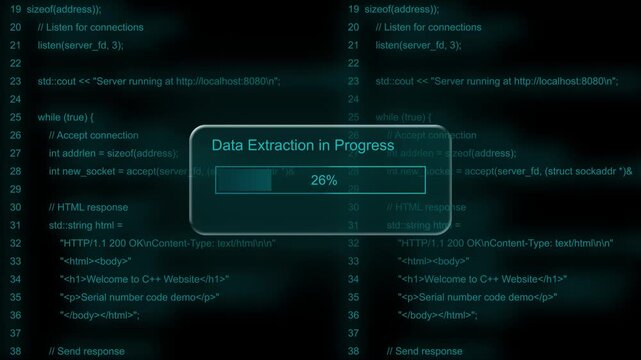 Glowing progress bar shows 100% percent of data extraction in progress on a background of computer code programming. Motion graphics of document transfer concept