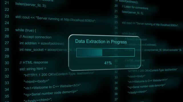 Glowing progress bar shows 100% percent of data extraction in progress on a background of computer code programming. Motion graphics of document transfer concept