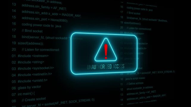 Red Exclamation Mark Warning Symbol unauthorized access Neon Sign on cyan Digital Code Background with Motion graphics of document alert concept