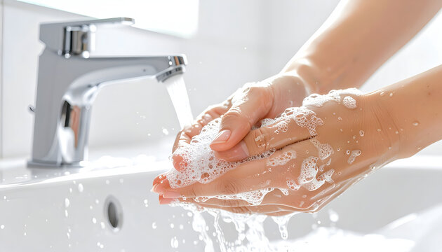 Close-up of hands being washed with soap and water under a modern faucet.