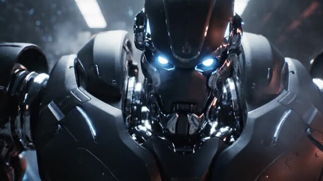 Futuristic robot standing in a cinematic industrial environment