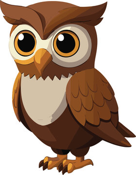 Cute brown cartoon owl with glasses sitting on a branch on a white background