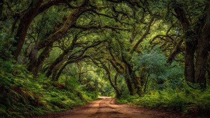 Naklejka premium A scenic dirt road winding through a lush green forest canopy