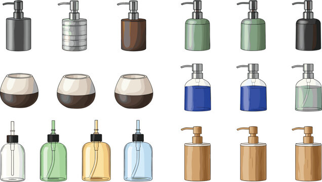 Professional Pump Dispenser and Bathroom Accessory Vector Illustration Set Featuring Various Soap Bottles Lotion Containers and Modern Decorative Jars Isolated on White Background