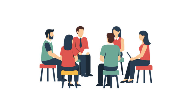 Business Team Collaboration and Support Group Discussion Flat Vector Illustration of Diverse People Sitting in a Circle