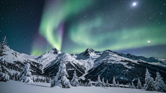 Spectacular winter landscape of snow-covered mountains with vibrant northern lights dancing across the starry night sky