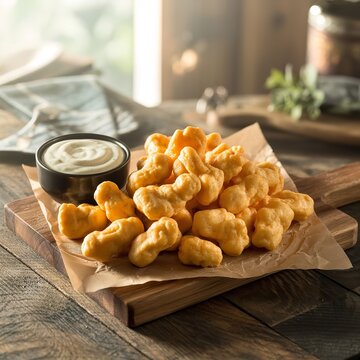 Golden fried curd cheese curds with dipping sauce on wooden board