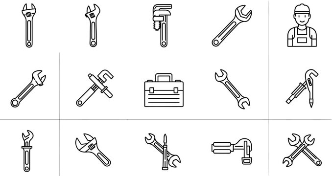 Set of workshop tools and mechanic icons vector graphics crescent wrench adjustable wrench