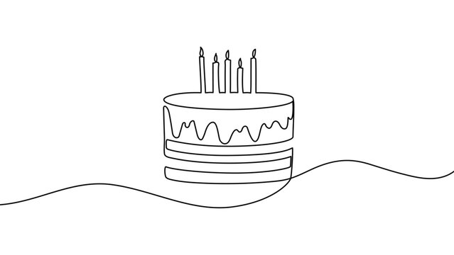 Continuous one line birthday cake drawing happy art outline cream. Happy birthday cake hand vector background simple sketch cheesecake pie red candle dessert illustration style white food doodle tart