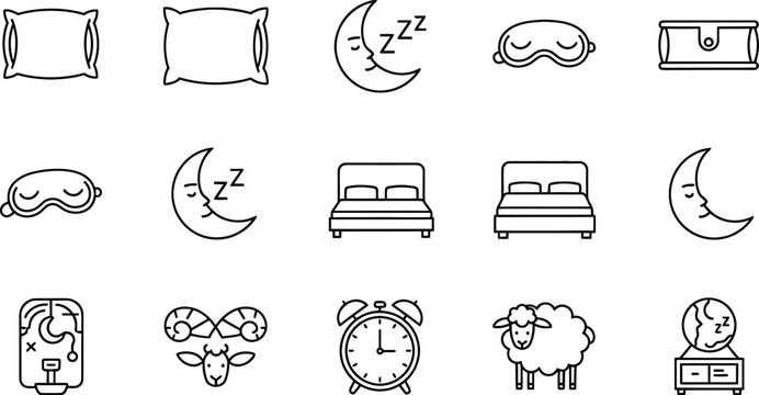 Sleep and rest related icons collection with eye mask alarm clock counting sheep insomnia