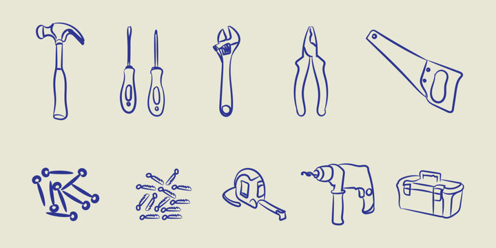 Repairs doodle set hand drawn working tools vector illustration with screwdriver drill spatula and instruments collection