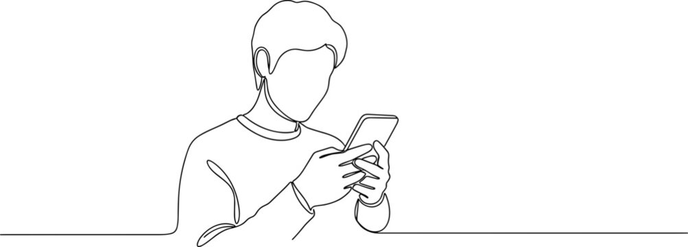 Continuous line drawing of a young man holding and using a smartphone.