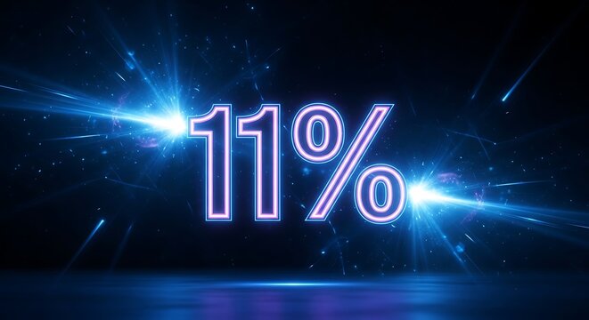 Glowing neon "11%" sign against a dark background with bright blue light effects