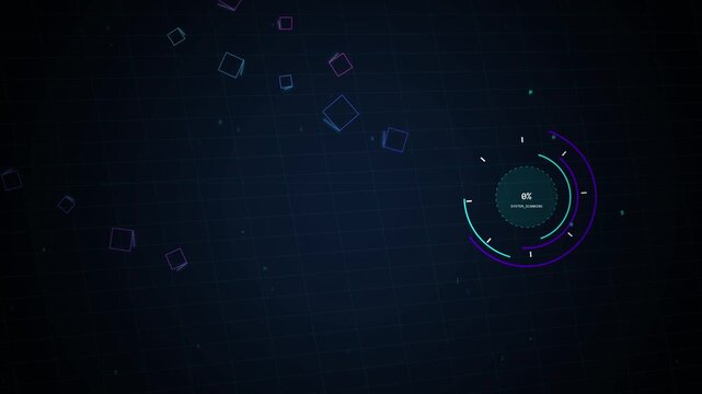 Futuristic digital HUD interface showing system scanning progress from 20 to 80 percent on a dark virtual grid background.