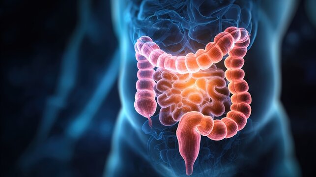 Ulcerative colitis medical concept, chronic inflammatory bowel disease affecting colon and rectum, human digestive system anatomy illustration, intestinal ulcer inflammation