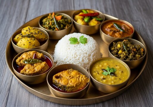 Traditional Bengali Thali with Fish Curry, Dal, Rice, and Vegetable