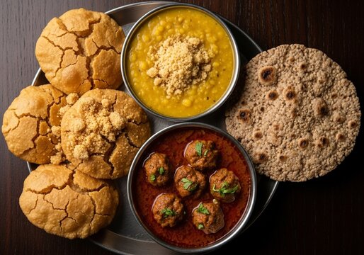 Dal Bati Churma and Gatte ki Sabzi Thali, Traditional Rajasthani
