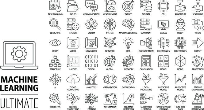 Machine learning and artificial intelligence icons set with data analytics neural network automation algorithms and technology concepts vector illustration