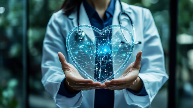 Doctor holding heart hologram cardiology healthcare technology medical innovation concept image