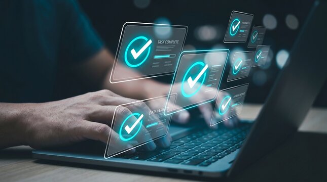 Person typing on laptop with virtual checkmark icons floating above keyboard in dark room