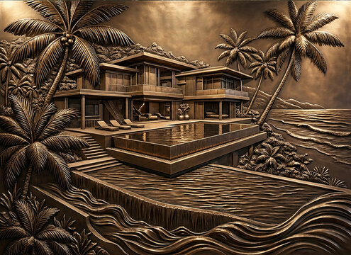 Luxury Modern Villa Bronze Relief Wall Art, Tropical Island Beachfront Architecture Concept.