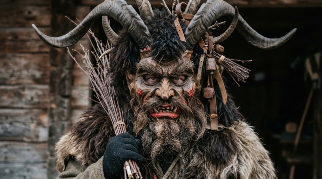 A monstrous Krampus figure with twisted horns and a wooden mask stares forward, embodying the primal fear of judgment and the dark, chaotic folklore of the winter solstice.