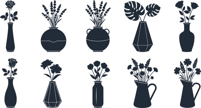 Set of professional floral arrangement silhouettes black and white vector collection of various flowers in vases and ceramic pots botanical garden assets isolated on white background