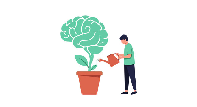 Growth Mindset and Personal Development Concept: Illustration of a Man Watering a Human Brain Plant in a Pot, Symbolizing Mental Health, Learning, and Self-Improvement.
