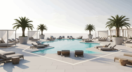 Fototapeta premium Lounge chairs surround a large pool with palm trees in a tropical resort setting.