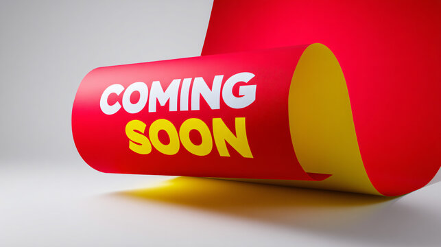 Coming soon red banner with yellow and white text