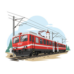 Fototapeta premium Red and white passenger train traveling on electric railway tracks