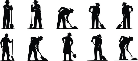 Set of professional construction workers and farmers silhouettes black and white vector collection of people digging with shovels and working in field manual labor assets isolated on white © sojibislam