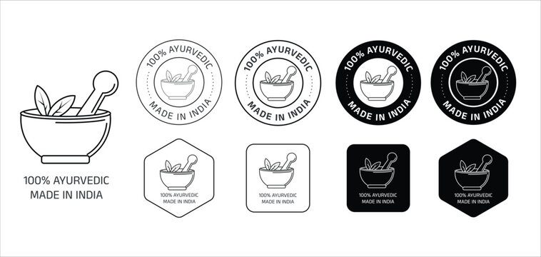 set of Ayurvedic product stamps featuring herbal bowl and leaf icons. This collection includes circular, square, and hexagon badge variations with &ldquo;100% Ayurvedic. Made in India&rdquo; text. Ideal for natur