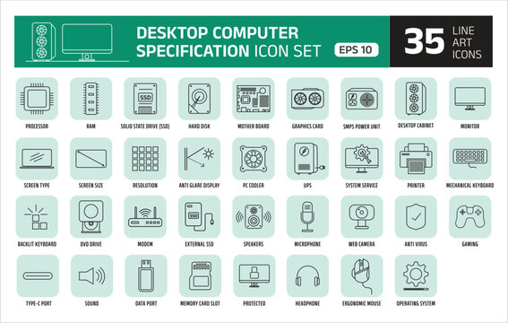 Desktop Computer Icons Set &ndash; PC Hardware, Components, Technology Line Art.desktop computer specification icon set featuring 35 minimal line icons representing essential PC hardware and accessories. 