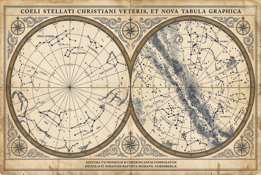 A detailed star map presents constellations and stars as seen from the sky. This map reflects historical knowledge of astronomy in the past centuries.