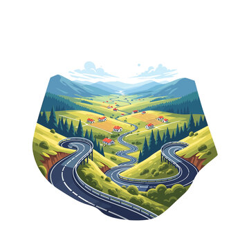 Winding mountain road through a scenic green valley with village