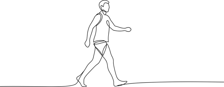 Continuous line drawing of a man walking, minimalist, simple, athletic figure