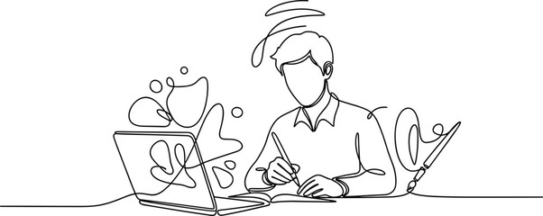 Continuous line art of a person writing at a laptop, symbolizing creativity and ideas flowing. © Jayagem