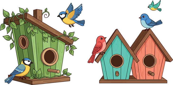 Birdhouses with Colorful Birds and Lush Greenery for Nature, Garden, and Springtime Designs