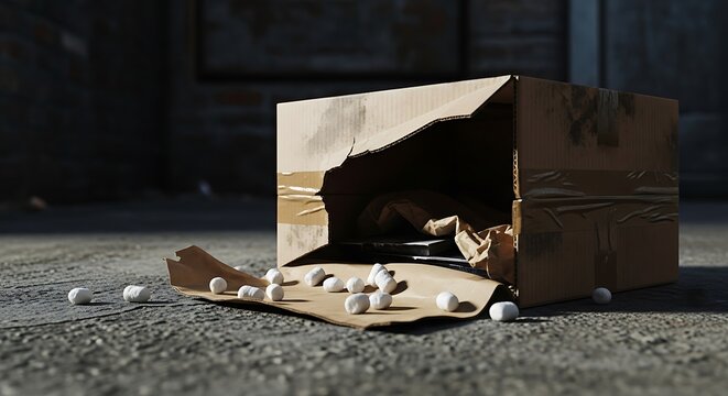 Damaged cardboard box abandoned on a city street with scattered packing peanuts and torn wrapping paper