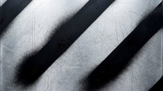 Dynamic stenciled black lines slice through a rugged silver metal panel, creating a compelling abstract visual of urban grit and industrial beauty