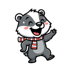 Fototapeta premium Adorable cartoon badger character smiling and waving cheerfully, wearing a cozy striped scarf, happy and friendly animal illustration