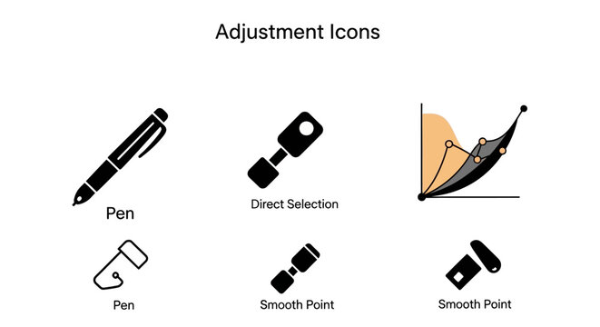 Graphic design tools icons set including pen direct selection smooth point for editing and adjustment