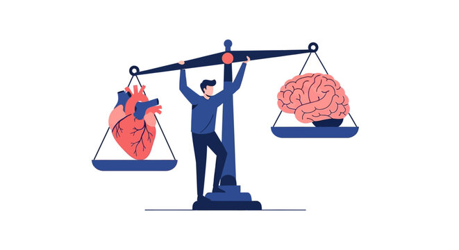 Conceptual Illustration of a Man Balancing a Human Heart and Brain on a Scale, Representing Logic versus Emotion, Emotional Intelligence, and Decision Making