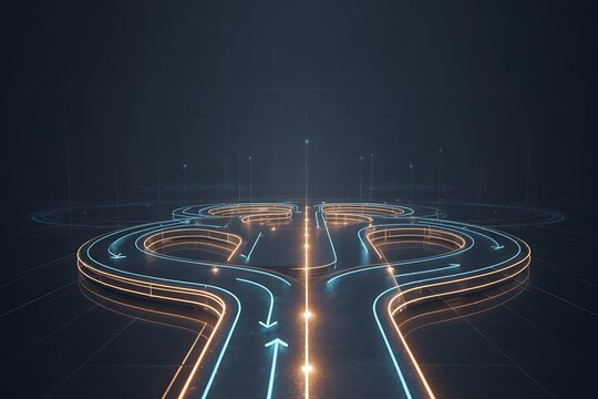 Neon-lit highway interchange, futuristic road network, glowing blue and orange lines, dark background