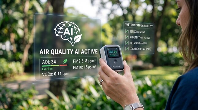 Woman uses air quality monitor in park with ai technology for pollution tracking and environmental awareness
