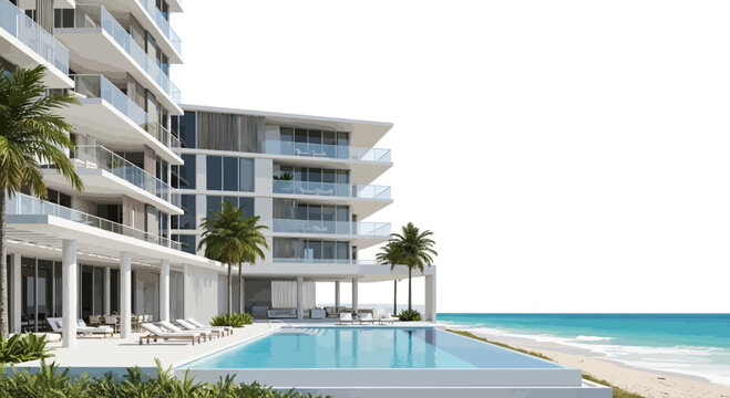 Modern luxury beachfront resort with palm trees and pool